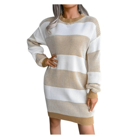 

ViLaViDe Long O-neck Long Sleeve Loose Chunky Knitted Pullover Sweater Jumper Dress Running Shirt Women Black Black Corset Top Women Khaki S