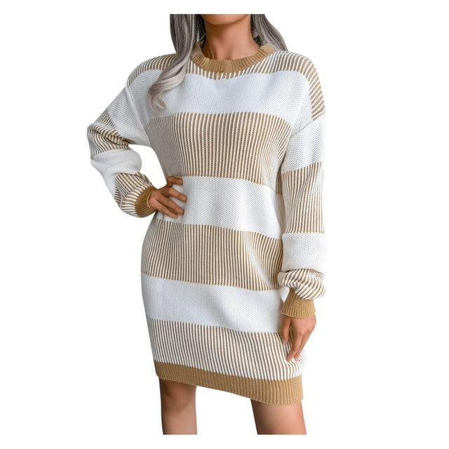 Robe Chandail Tricotée Classique pour Femmes Automne Hiver Élégante Col Rond Manches Longues Midi