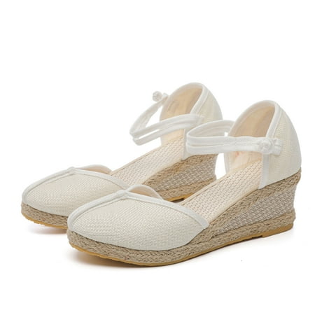 

Cathalem Fashion Women Summer Weave Wedges Breathable Elastic Band Round Toe Sandals Comfortable Beach Women Bohemian Sandals White 8