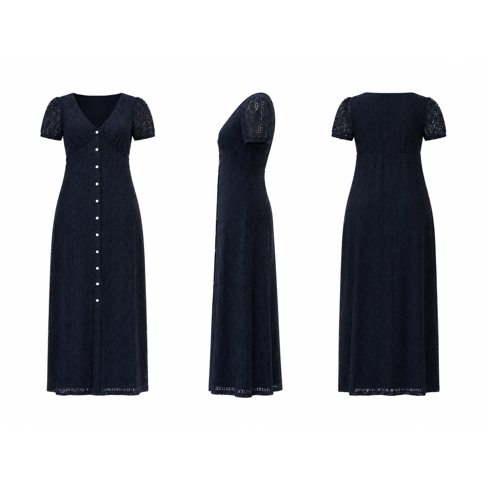 Alvantor Women's Navy Lace Maxi Dress with V-Neck, Short Puff Sleeves and Button Front