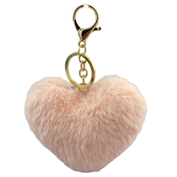 Llavero con forma de corazón esponjoso, llavero de piel de conejo artificial, colgante para bolso, decoración para llave de coche, etiqueta de equipaje, accesorio