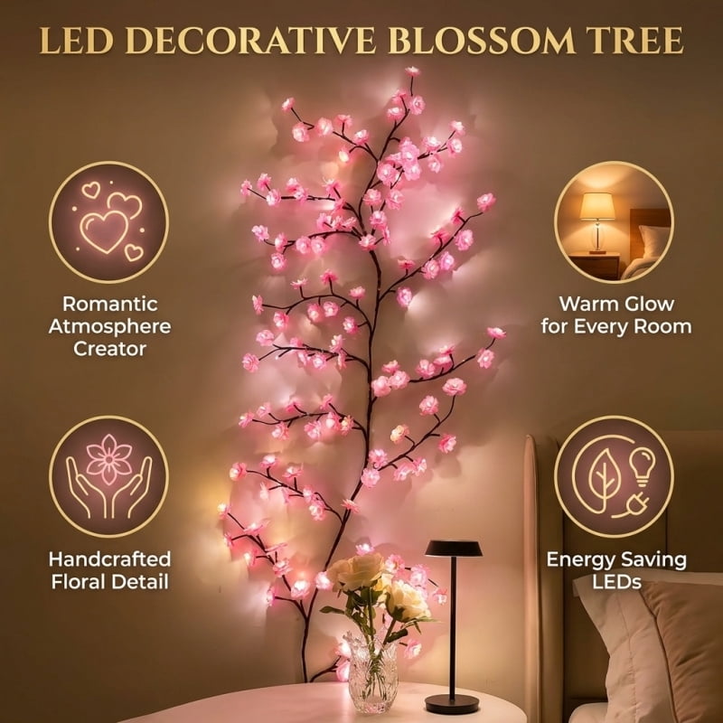 LED Tree Branch Lights for Wall, Cherry Blossom Lights Vine Lights with Remote and 8 Lighting Modes Cherry Blossom Garland Willow Vine for Bedroom Indoor Wall Christmas Decor