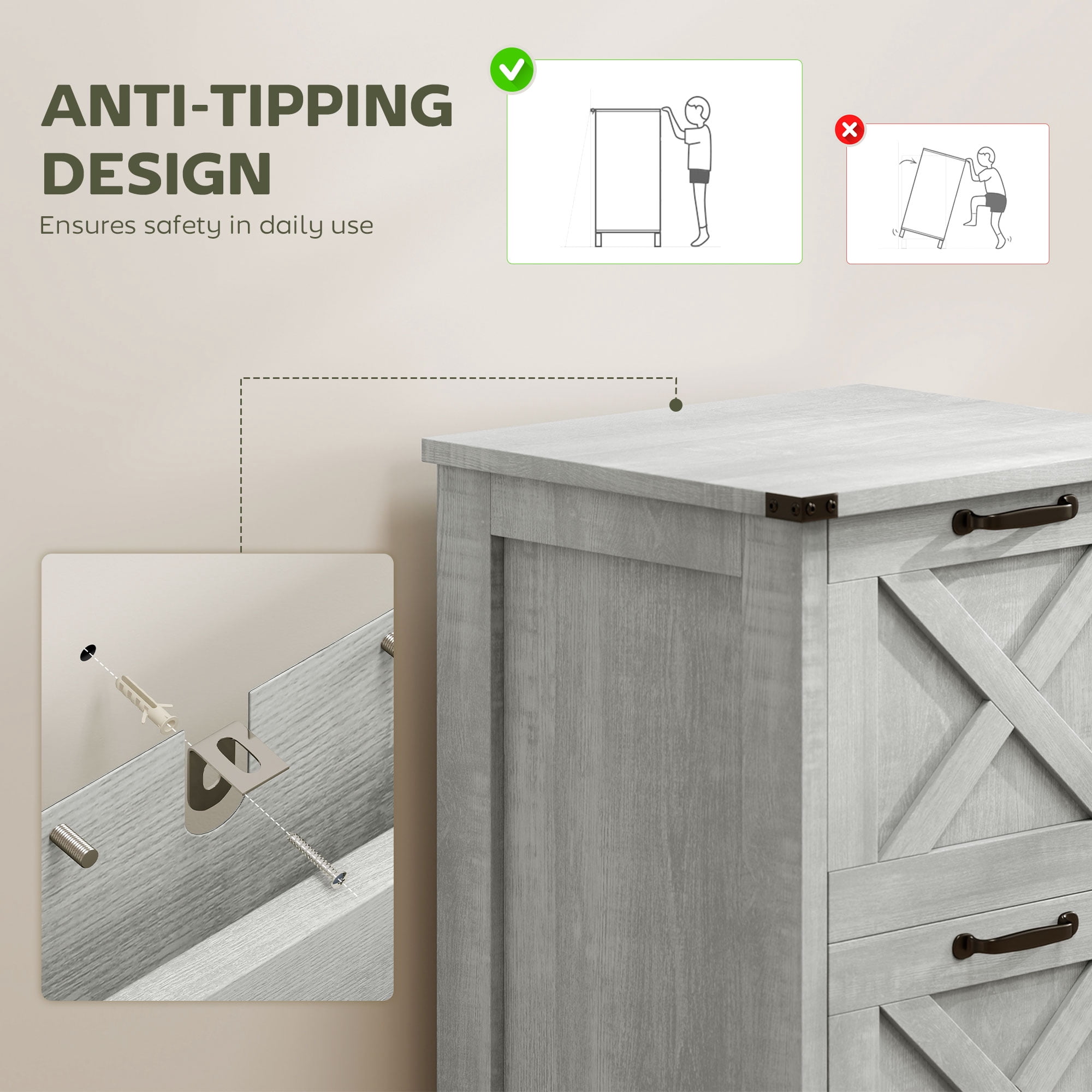 HOMCOM 2 Drawer Vertical File Cabinet with Silent Slides, Farmhouse Filing Cabinet with Barn Doors for A4/Letter Size, Distressed Light Gray
