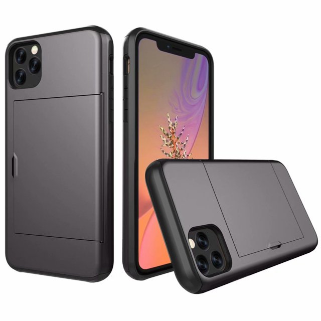 Étui iphone 12 Pro Max Hybride Robuste à Dos Rigide avec Fente pour Carte de Crédit et Porte-Cartes, Étui Portefeuille pour Apple iphone 12 Pro Max - Gris