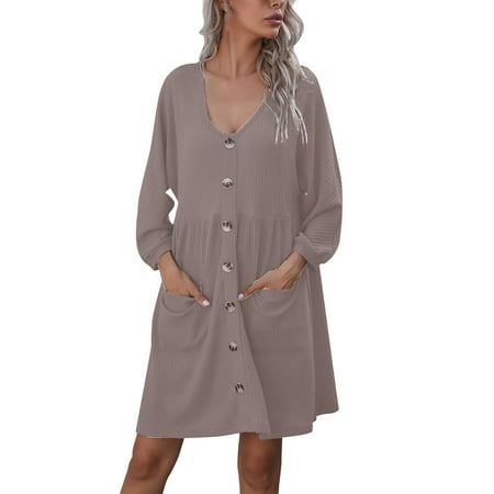 

Women Dress Button Pockets V-neck Long Sleeve Big Sleeve Knit Fashion Loose Dress Casual Dress Shoe for Women