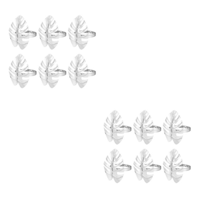 Injueey 6 piezas de anillo de servilleta de metal con diamantes de imitación en forma de hoja brillante para fiesta, banquete, aniversario, Plata 2piezas