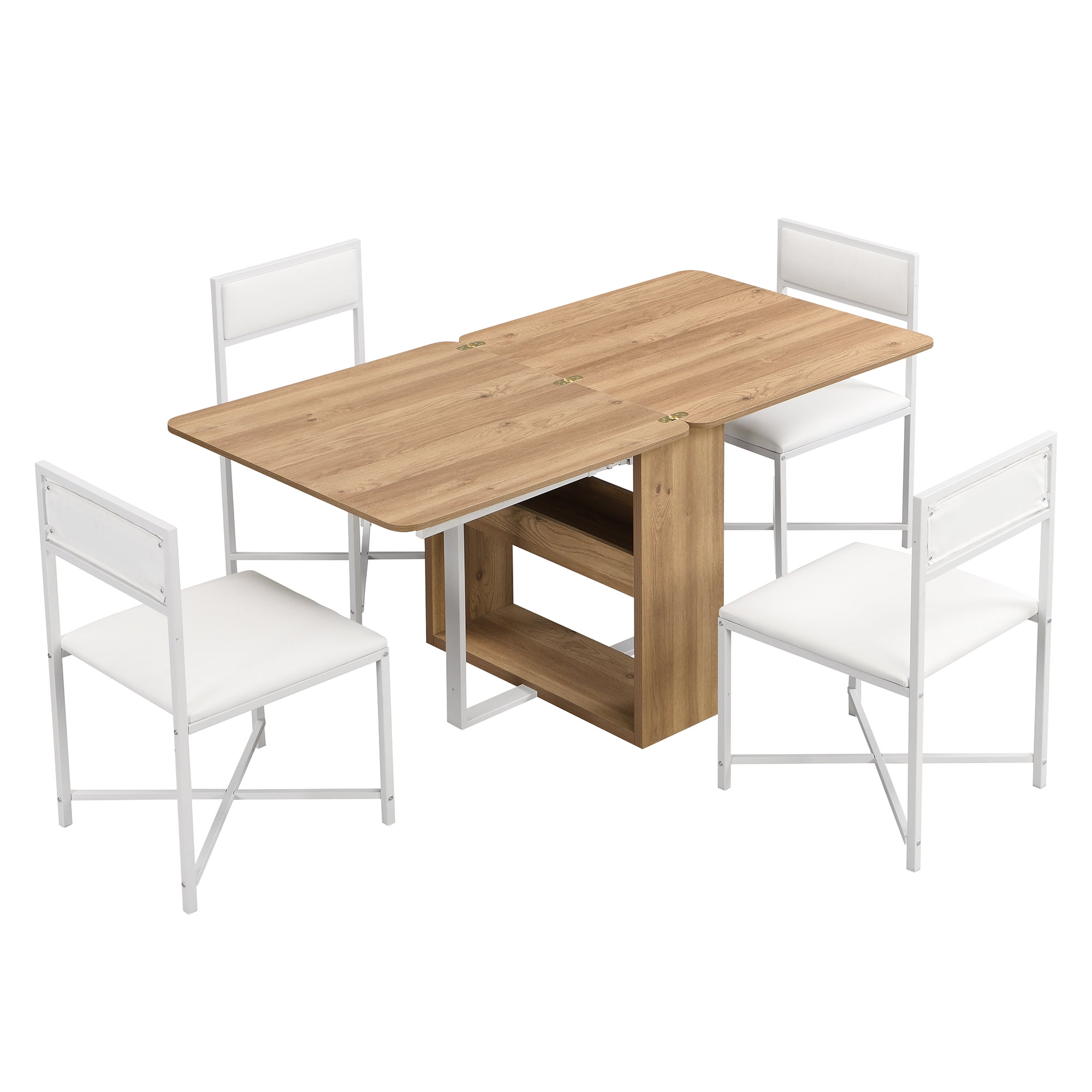 Euroco 5-Piece Extendable Dining Table Set for 4, Modern Compact 63" Foldable Square Kitchen Table Set with Storage Rack and 4 Upholstered Chairs for Small Places,White