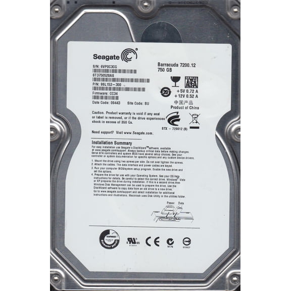 ST3750528AS, 6VP, SU, PN 9SL153-300, FW CC34, Seagate 750GB SATA 3.5 Hard Drive
