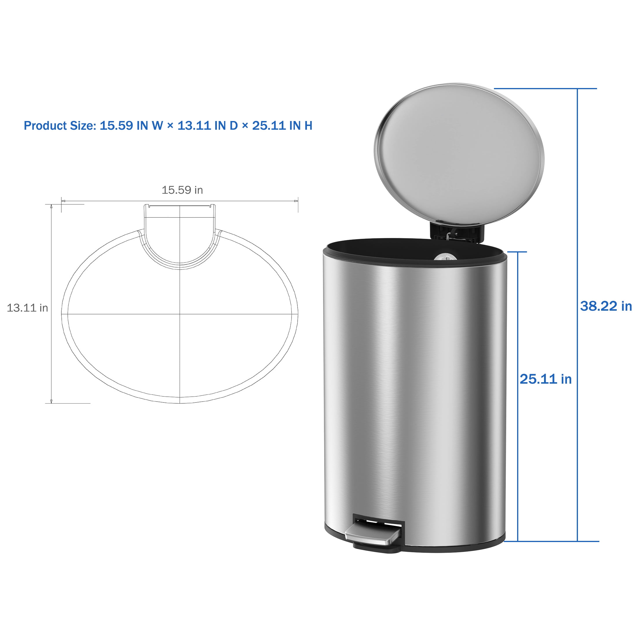 Better Homes & Gardens Kitchen Trash Can, 10.5 Gallon Stainless Steel Oval Step Garbage Bin with Soft Close Lid, Silver