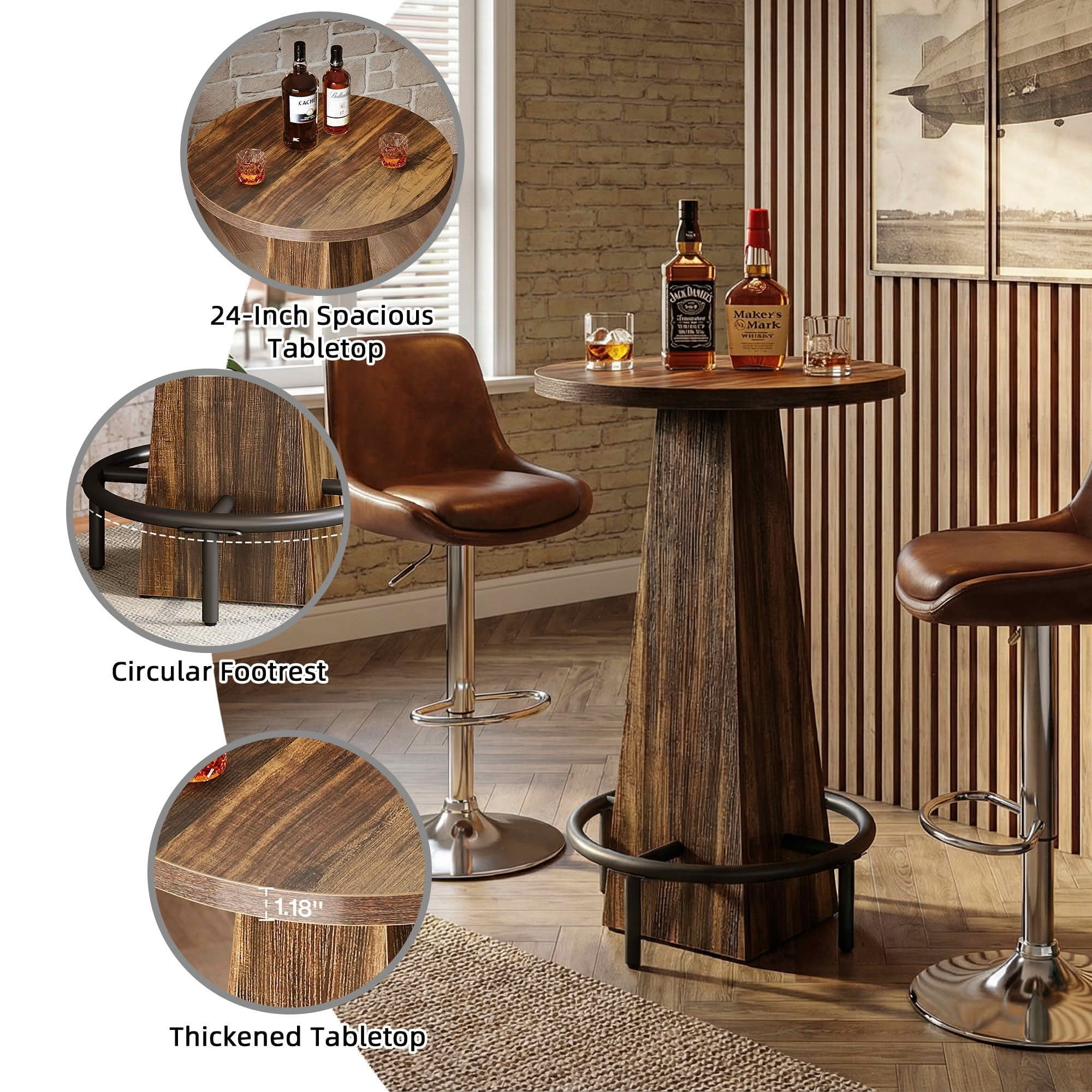 MAYEERTY 23.7" Round Cocktail Pub Table, Space-Saving Modern Rustic Table for Home Bar & Office Lounge, Anti-Wobble Stable Design