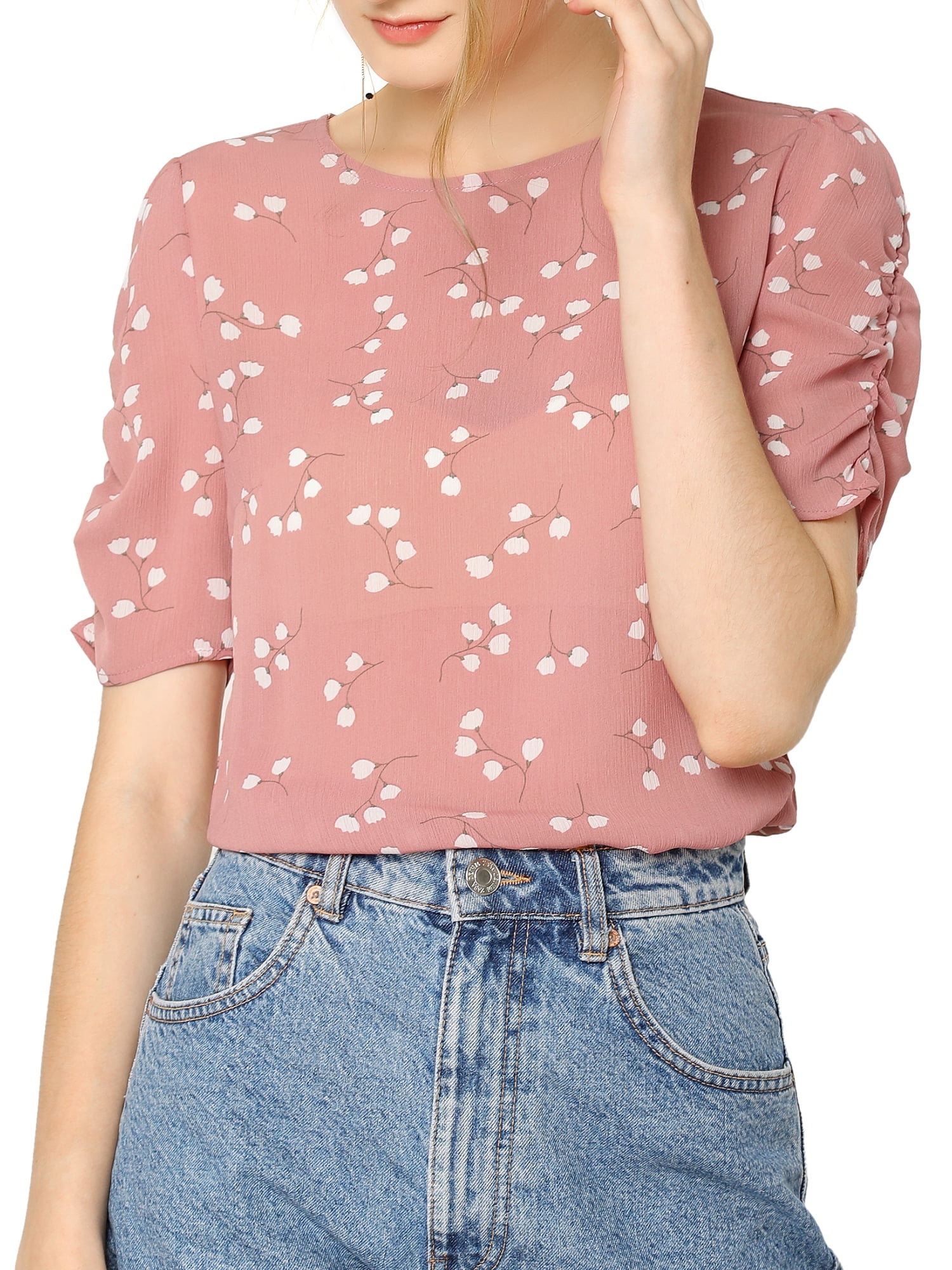 DARING DIVA Floral Crew Neck Shirred Short Sleeve Casual Top L Pink