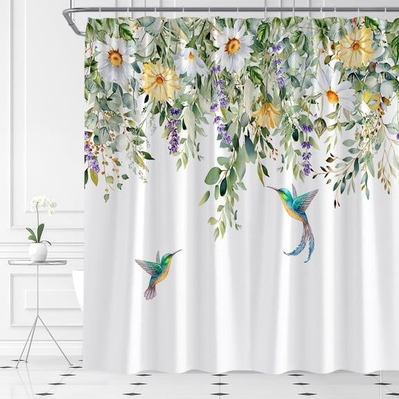 Hummingbird Shower Curtain, Watercolor Eucalyptus Botanical Floral Waterproof Bathroom Curtain with Hooks, Spring Garden Decor 36"W x 72"H