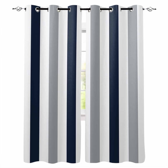 Blackout Curtains for Bedroom, Navy Blue Gray Striped Room Darkening Window Drapes for Living Room, Farmhouse Stripe Art Thermal Insulated Grommet Curtains, 27.5x39 inch, 2 Panels