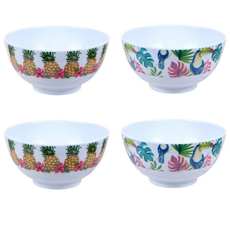 LESONE Summer Tropical Toucan and Pineapple Print Melamine 6.5 x 2.25-inch Bowls Microwave Dishwasher Dessert Bowls for Serving Soup Oatmeal Pasta and Salad Set of 4