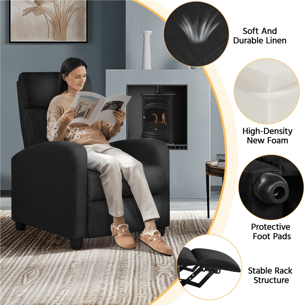 Renwick Fabric Push Back Theater Recliner Chair with Footrest for Livingroom, Black