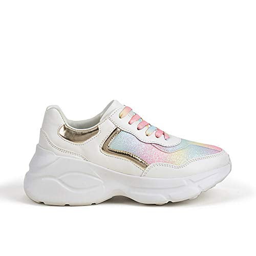Lucky Step Women Holographic Iridescent Metallic Pink White Shoes Colorful Chunky Dad Sneakers (Rainbow,11 B(m) Us), Women's, Size: One Size