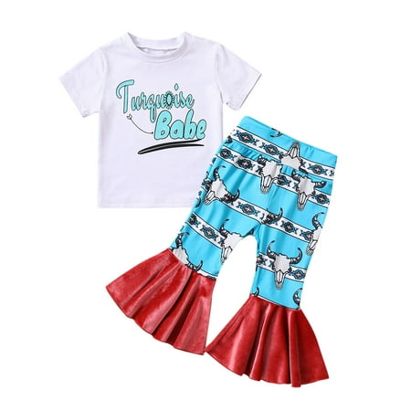 

Toddler Outfit Sets For Teens Girls Short Sleeve T Shirt Tops Cartoon Cow Printed Bell Bottoms Pants Kids Clothes Suit