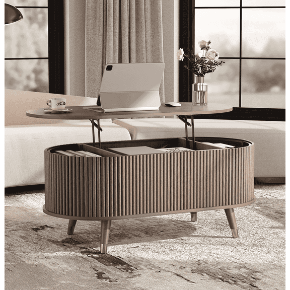 JOINICE Coffee Table with Lift Top,42.5” Fluted Center Table with Hidden Compartment ,Mid Century Modern Oval Coffee Tables for Living Room,Apartment,Walnut