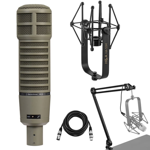 Electro-Voice RE20 Variable-D Dynamic Cardioid Microphone with Shockmount, Broadcast Arm, Shoc kMount, 15' XLR Cable