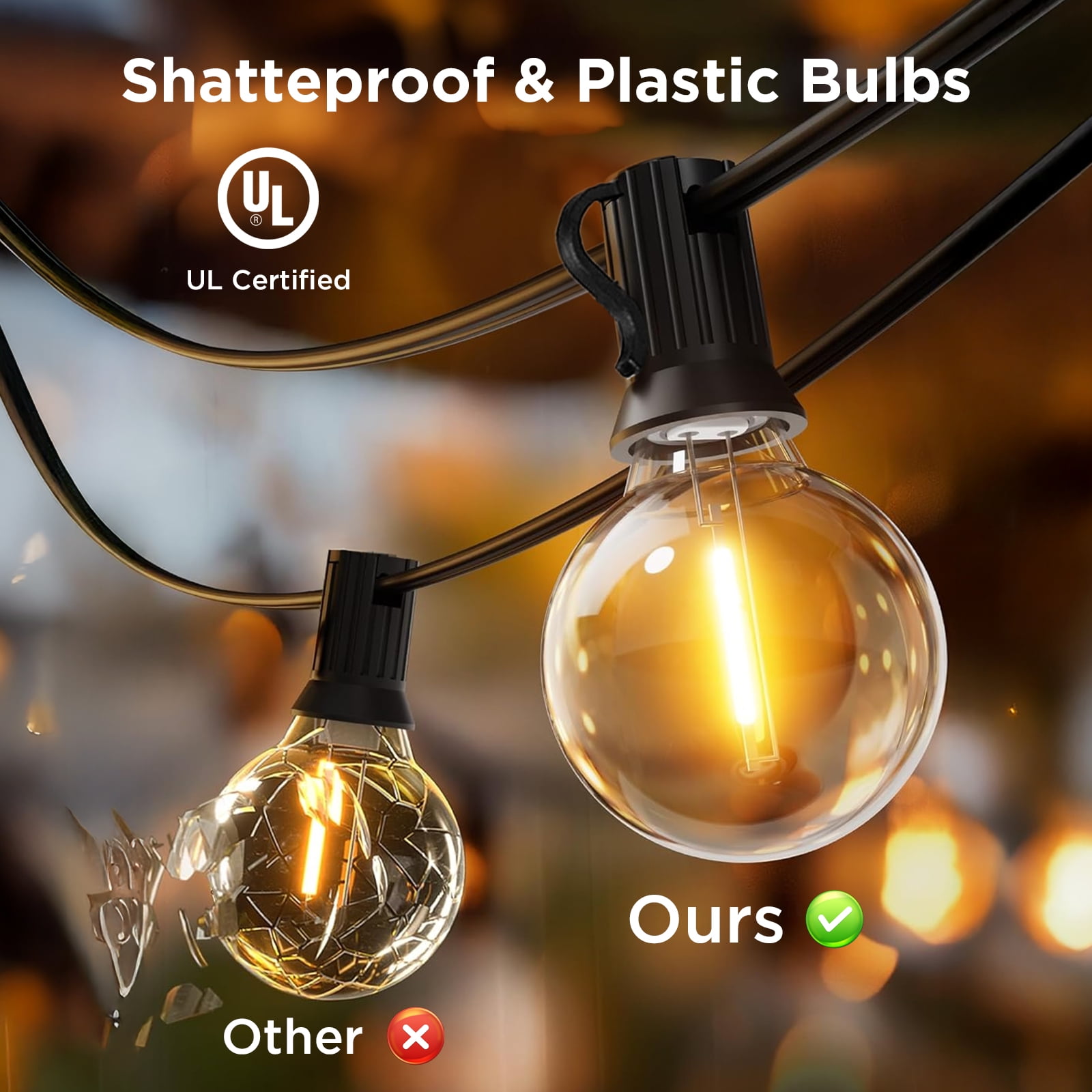 Outdoor String Lights, 100 ft with 50 G40 LED Bulbs Waterproof for Patio Garden Backyard Yard Decorations