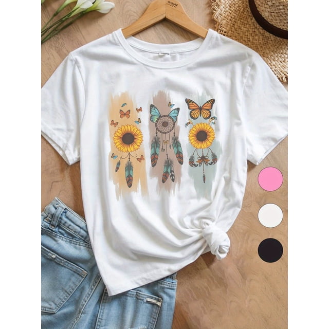 Camiseta de algodón con estampado de pinceladas bohemias para niñas de 10 a 12 años. Camiseta informal holgada de manga corta con diseño de girasol y mariposa. Lavable a máquina.