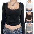 thumbnail image 5 of Fortune Women Lace Trim Short Tops Square Neck Long Sleeve Shirts Spring Fall Slim Fit Crop Top, 5 of 5