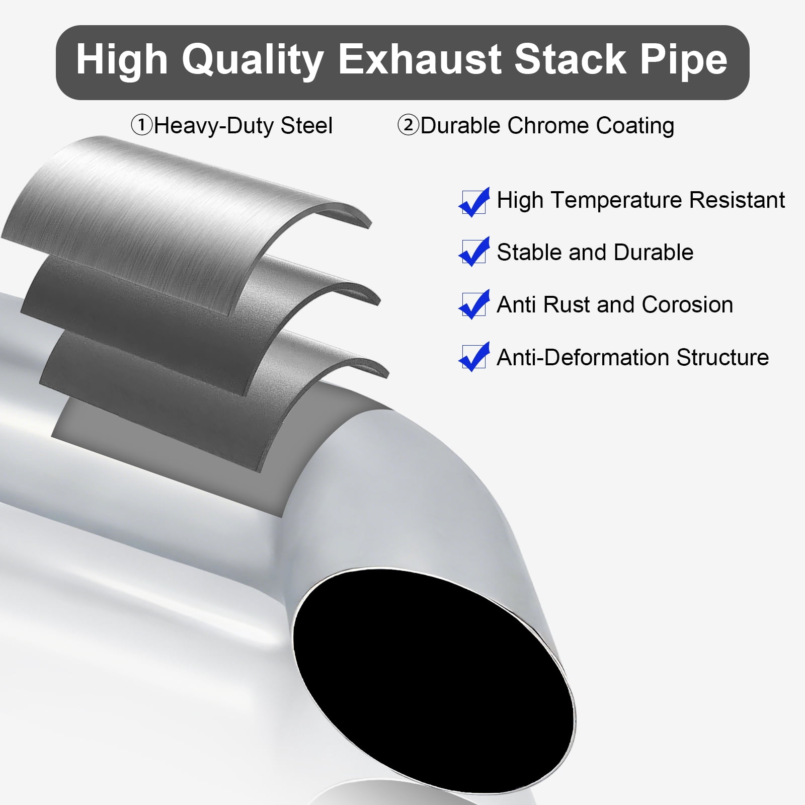 Exhaust Stack Pipe Curved Truck Pipe Heavy-Duty Steel Chrome, 5" OD x 18" Long Exhaust Pipe Truck Pipe
