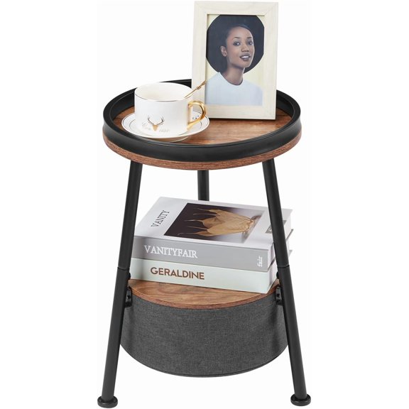 Small Round End Table, 2 Tier Round Side Table with Storage Basket,11.8”D*17.8”H Small Round Table,Sofa Side Table,Small Round Nightstand for Living Room Bedroom
