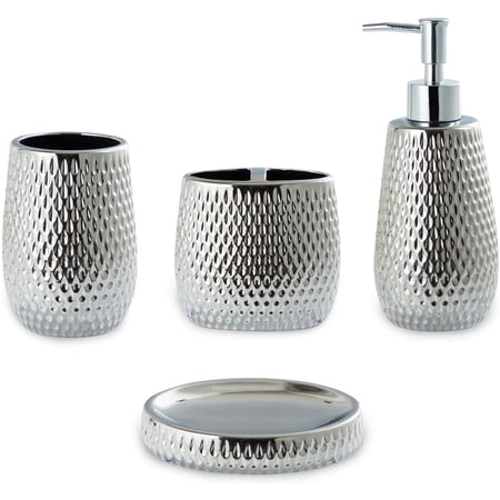Silver Bathroom Accessory Set 4 Piece Ceramic Bath Accessories Sets Complete, Rain- Drop Shaped Bathroom Essential with Toothbrush Holder & Dish, Tumbler, Soap Dispenser Set for Bath Decor