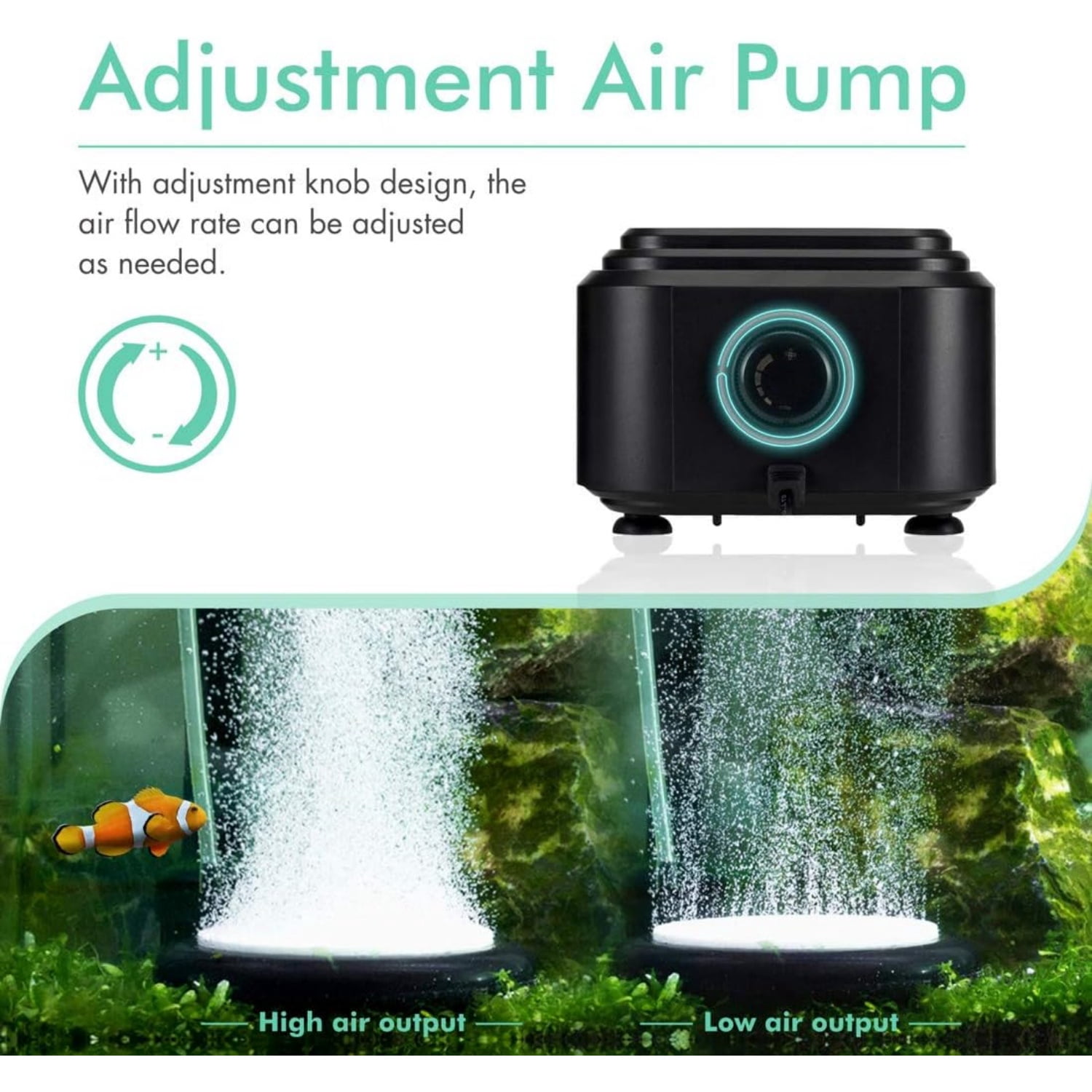 Quietest Aquarium Air Pump, Adjustable Oxygen Pump 2 Air Outlets Ultra Silent Powerful Aerator Pump Up to 600Gallon Fish Tank 255GPH 10W