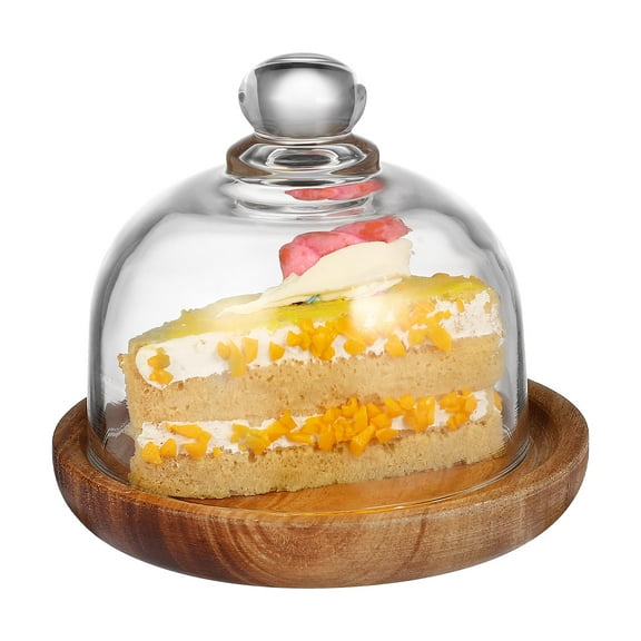 KALLORY Round Wood Base Cake Stand with Glass Dome Cover, Food Display Serving Tray for Parties, Hotels, Dining Rooms, and Events