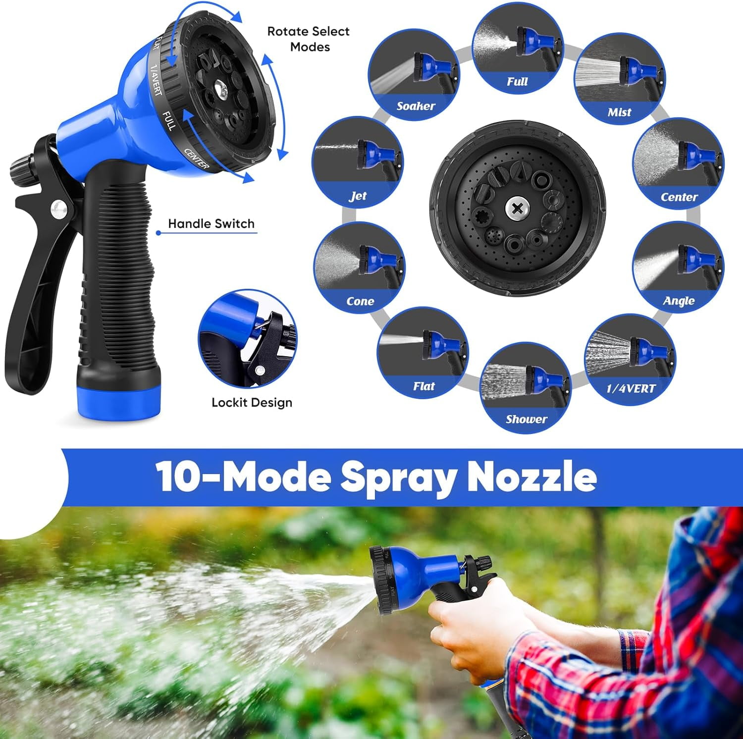 Stainless Steel Garden Hose with 10 Function Nozzle, Lightweight, Leak-Proof, Puncture Resistant for Yard, Outdoor, RV