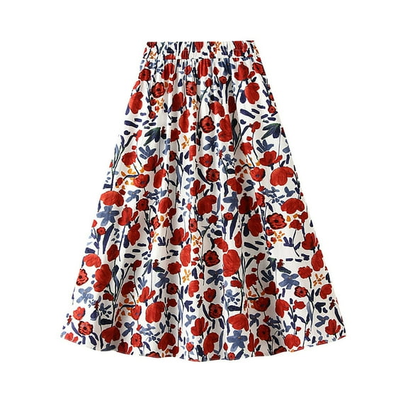 VUPSGEZ Floral Printed Midi Skirt High Waisted A Line Skirt Elastic Waist Skirt With Pockets Summer Pleated Skirt Long Swing Skirt (Red,One Size)