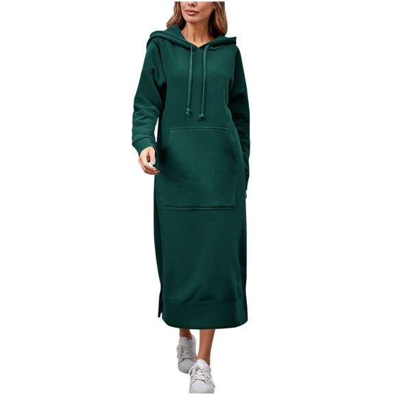 Comdrip Long Hoodies for Women, Women's Casual Pocket Slim Pullover Hoodie Dress 2025 Fall Pullover Oversized Sweatshirt for Women Hoodie Dress for Women Blackish Green L