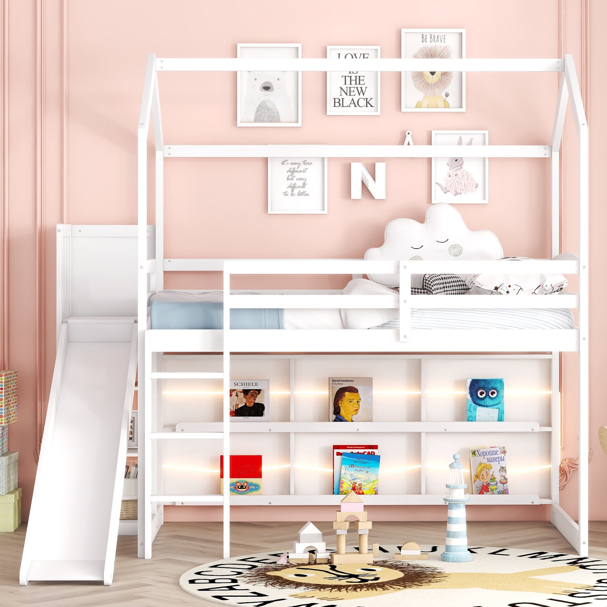 Euroco Wood Twin Size Loft Bed with Shelf and Ladder, Bookcase and Light for Kids Teens Adults, White