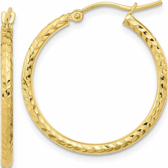10K Yellow Gold Diamond-Cut 2mm Round Tube Hoop Earrings (26.91 X 25.22) Made In Peru 10tc393
