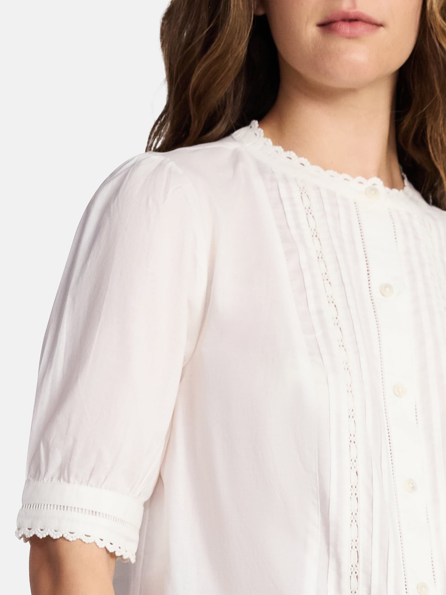 Time and Tru Women's and Women's Plus Cotton Lace Inset Blouse with Elbow Length Sleeves, Sizes XS-4X