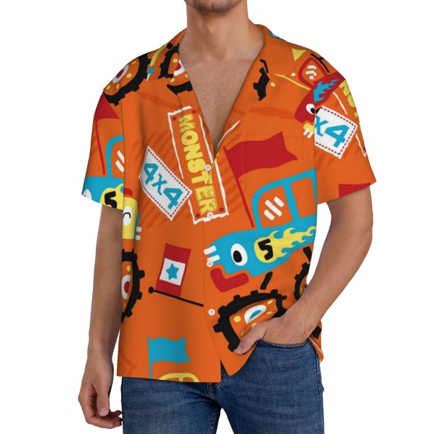 Fotbe Monster Truck Camisa Estampada de Manga Corta para Hombre, Casual de Verano, Estilo Playero, Sin Arrugas-Medium