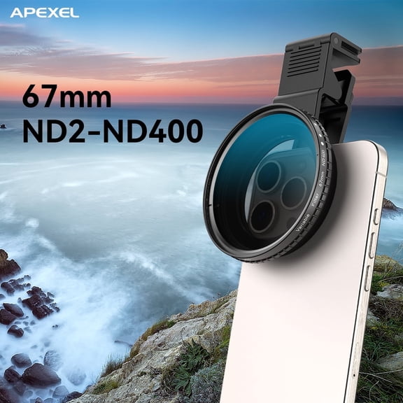 APEXEL 67mm Variable ND2-400 Filter for iPhone/DSLR - Phone Neutral Density Lens Attachment with Universal Clip, Compatible with iPhone 16/15/14/13 Pro Max, Samsung Galaxy