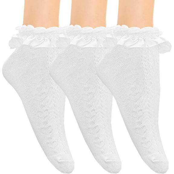 3 Pairs Women's Frilly Socks，Lace Topped Ankle Socks，Ruffle Sock Princess Ballet Sock，Cute Opaque White Frilly Sockfor Women And Girls
