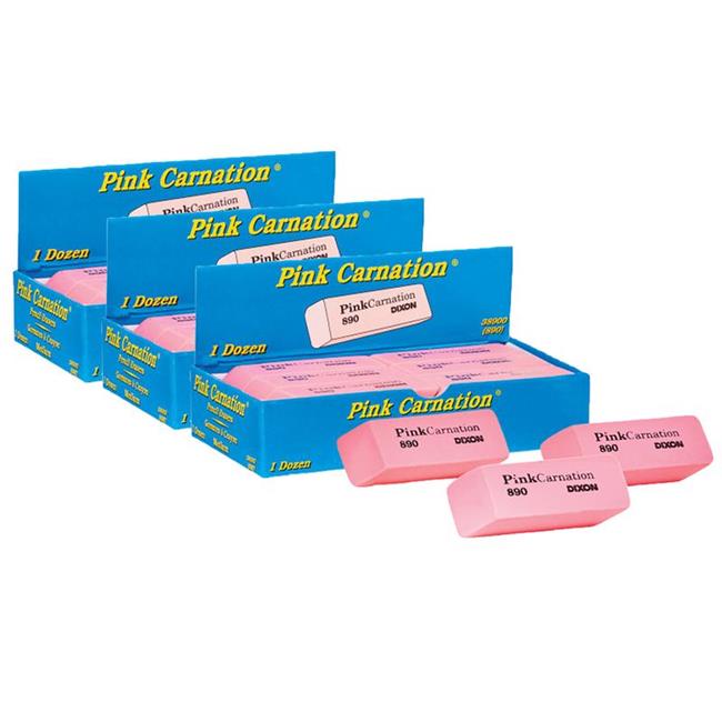 Dixon Pink Carnation Erasers, Medium, 25/16 x 13/16 x 7/17, 12 Per