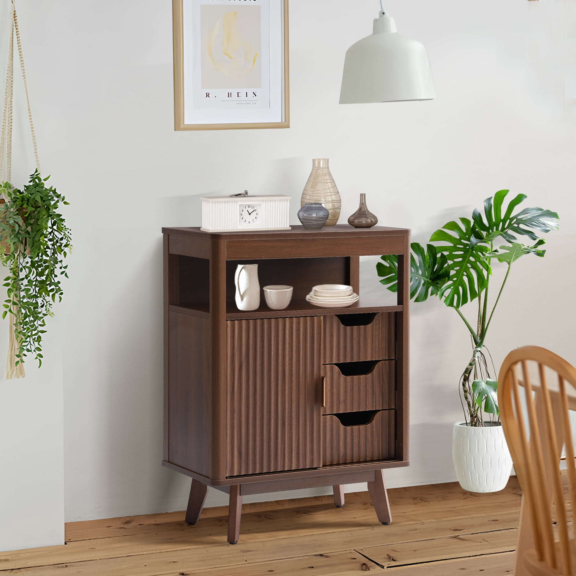 Magic Union Bathroom Storage Cabinet with Fluted Sliding Door, 3 Drawers Bathroom Floor Cabinet, Freestanding Storage Organizer w/Adjustable Shelf, Faux Marble Top, Curved Profile Design Natural Oak