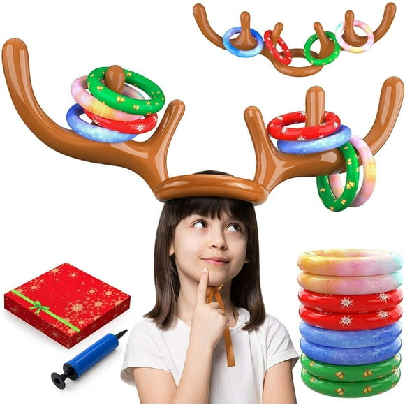 2021 Reindeer Antler Ring Toss Game – Reindeer Game for Two Players – Interactive Christmas Party Games for Adults and Kids – Reindeer Ring Toss Hat with 2 Antlers and 8 Rings.