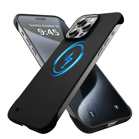 GRECAZO Magnetic Slim Case Fit for iPhone 15 Pro Max Phone Case 6.7"(2023) Ultra-Thin Lightweight Durable Frameless Matte Hard MagSafe Cover Case with Pull Ring Shockproof Non Slip Rope-Black