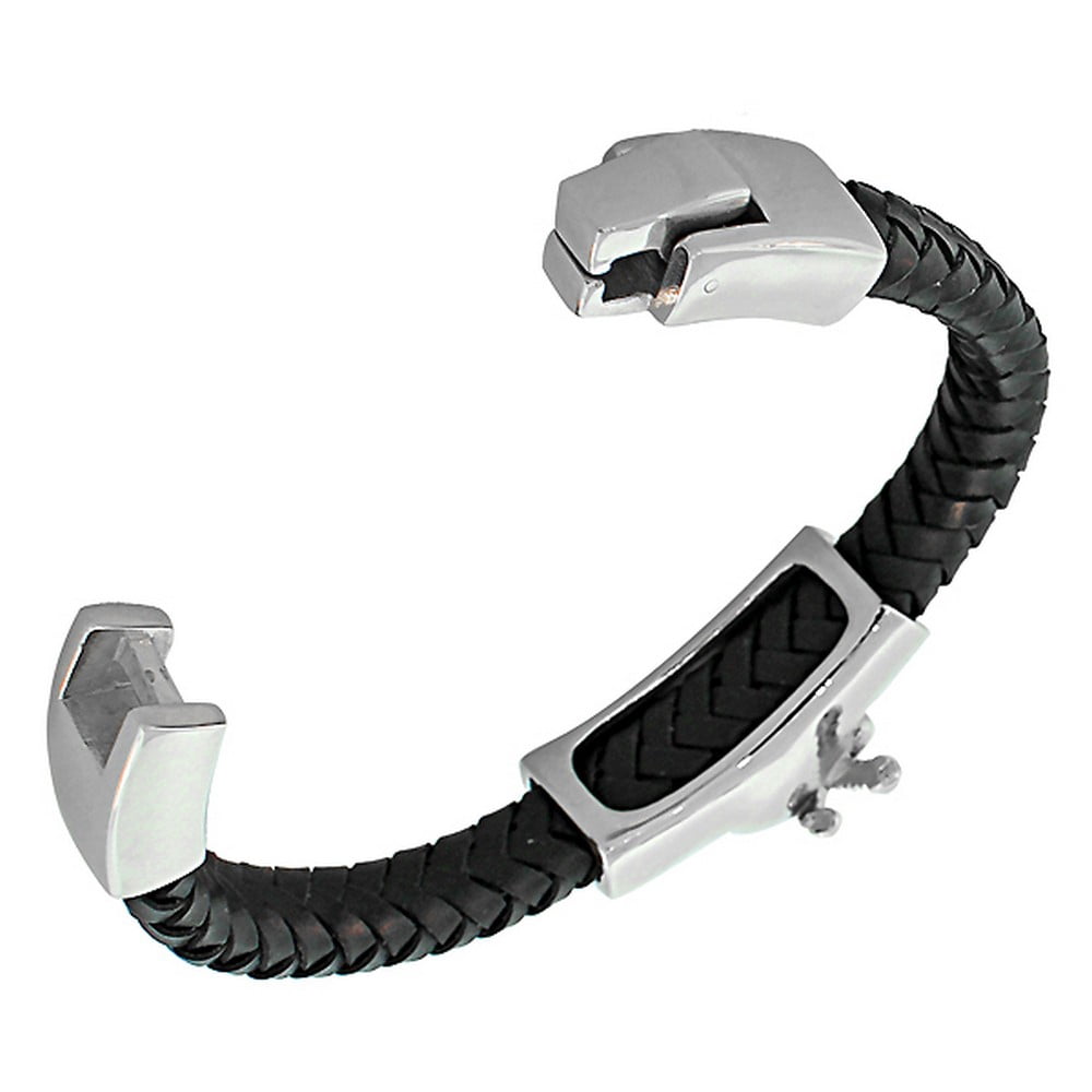 Stainless Steel Black Leather Silver-Tone Skull Knife Rose Men's Bracelet