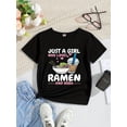 thumbnail image 1 of SCKMEU T-Shirt Décontracté en Tricot pour Filles - Imprimé Graphique Mignon d'Alphabet Ramen Noir, 100 % Coton, Coupe Régulière, Col Rond, Manches Courtes pour Printemps Été Automne, 1 of 6