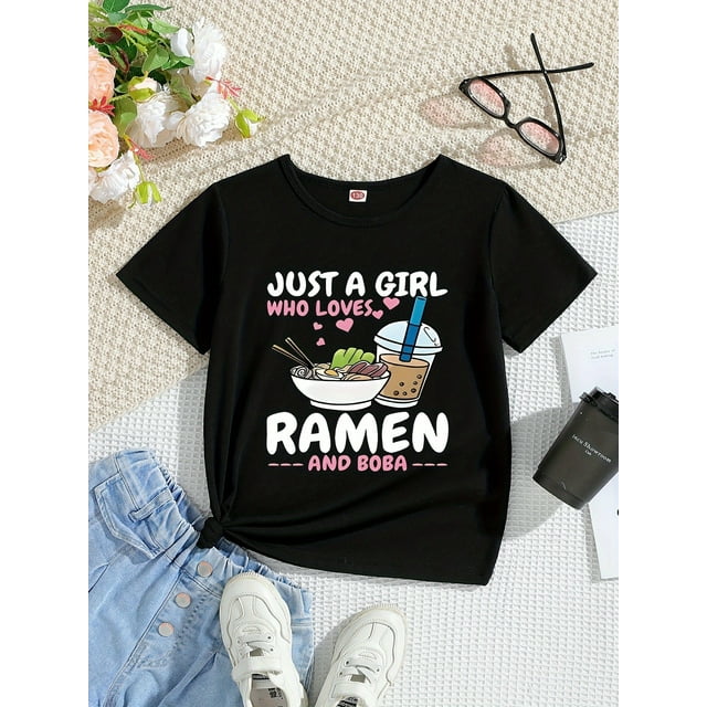 SCKMEU T-Shirt Décontracté en Tricot pour Filles - Imprimé Graphique Mignon d'Alphabet Ramen Noir, 100 % Coton, Coupe Régulière, Col Rond, Manches Courtes pour Printemps Été Automne