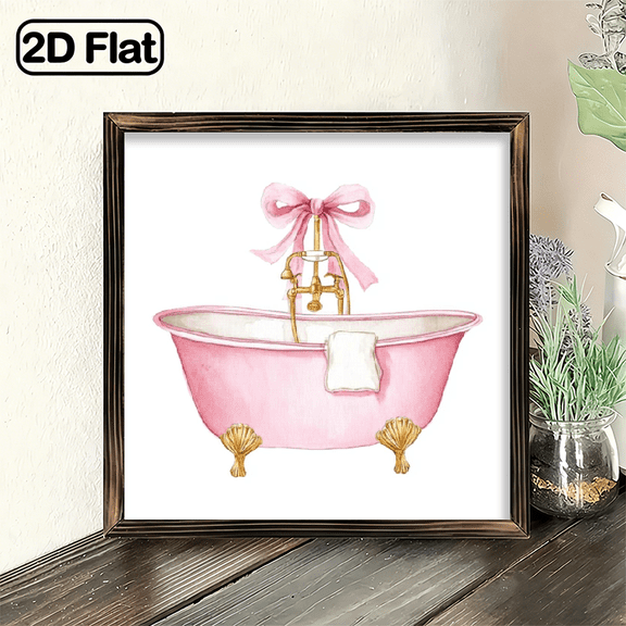 2D Flat, 1Pc Wood Frame Sign Pink Bathroom Vintage Bow Wall Art Paintings Ideal Gift For Living Room Bedroom Farmhouse Corridor Wall Decor Room Decoration Ready to Hang 8x8inch