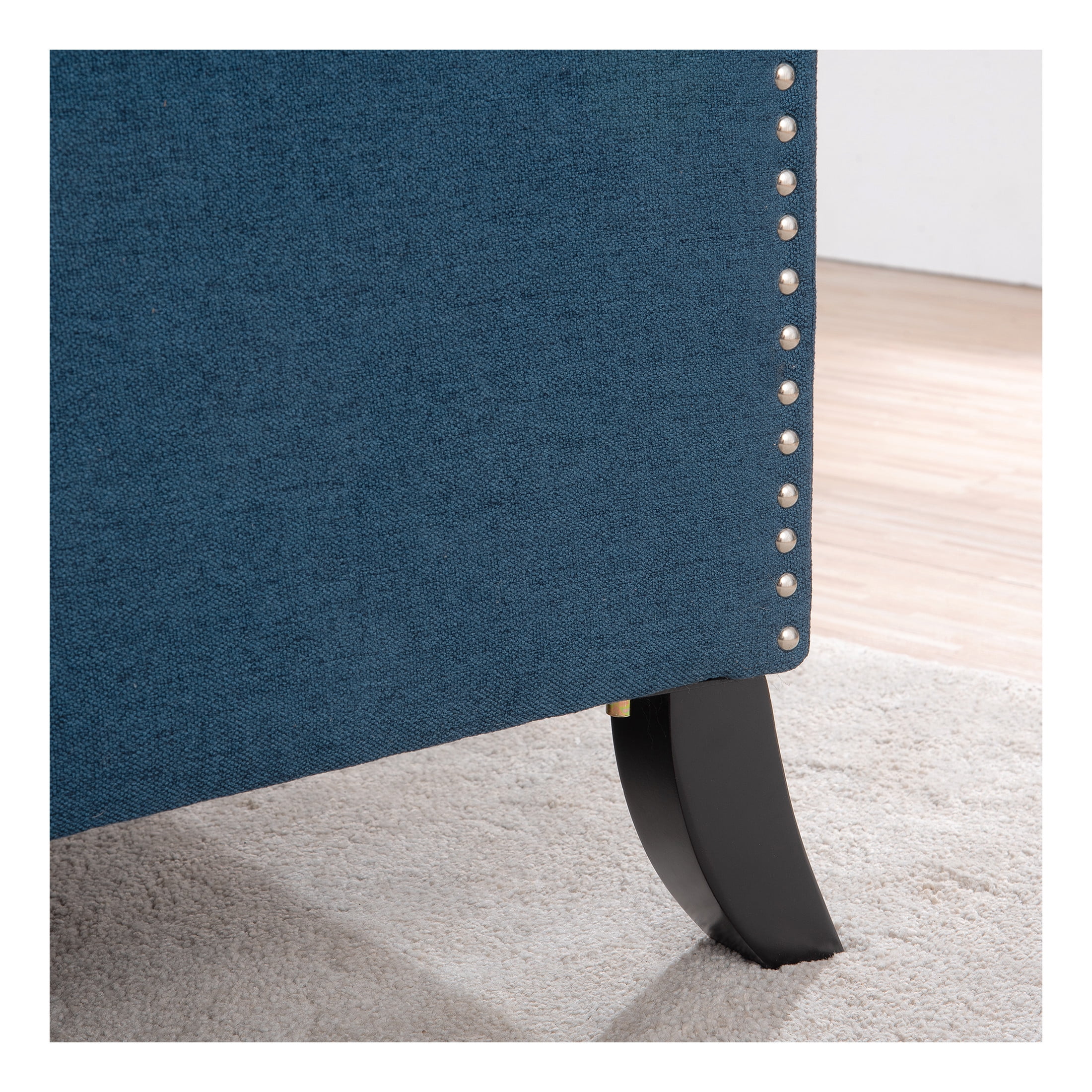 Josephine High-Back Fabric Upholstered Accent Chair with Button Tufting and Silver Trim, Solid Wood Leg, Blue