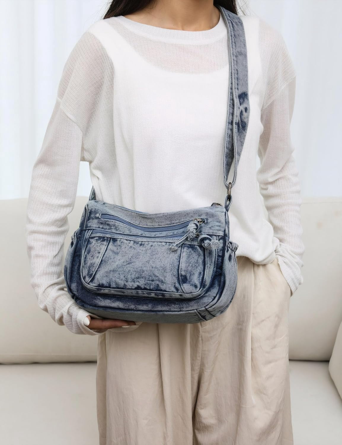 Denim Crossbody Shoulder Bag for Women Vintage Jean Casual Purse with Adjustable Strap